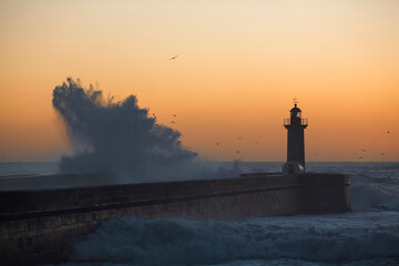 Poster - Big waves at the lighthouse in Porto, Portugal.