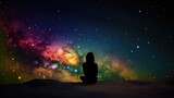 Fototapeta Kosmos - Un homme assis seul sur la lune regarde les étoiles colorées de l'univers.