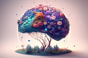 Floral Bliss: Human Brain Enveloped in Vibrant Colors and Tranquil Mood Generative AI