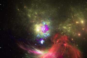 Wall Mural - red yellow clouds of stardust in black space. abstract fractal 3d rendering