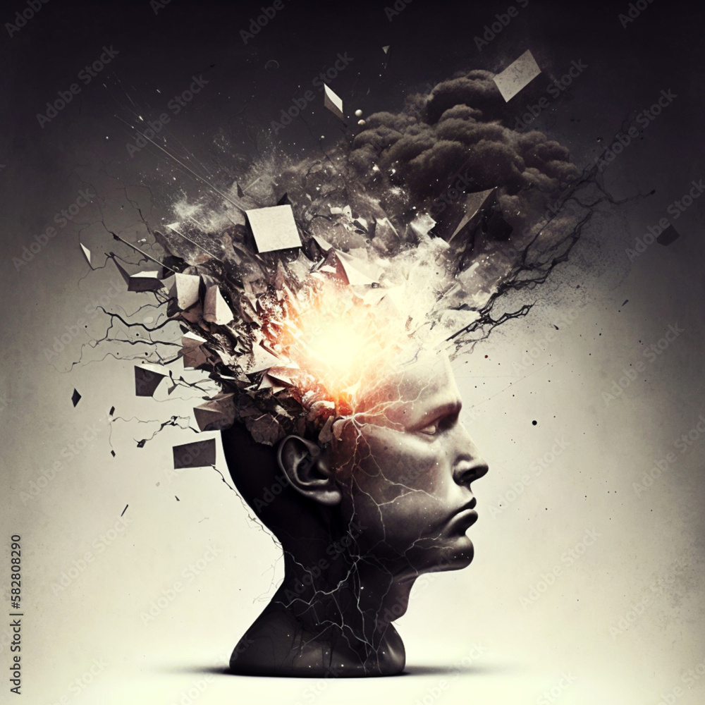 Brainstorm concept. Human brain exploding. Created by artificial ...