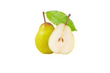 Wall Mural - Pear Rocha whole and half cut fruits isolated transparent png. Yellow green spotted fruit with leaf and half cut with seeds.