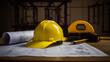 Blueprints construction and a yellow helmet - Generative AI