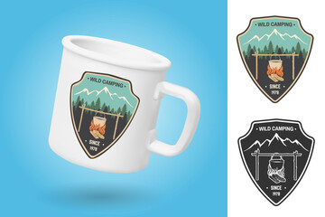 Wall Mural - white camping cup. realistic mug mockup template with sample design. wild camping patch. vector. vin