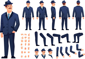 Wall Mural - Buisnessman constructor. Cartoon man in suit character generator, elegant gentleman or detective in hat animation creator office characters kit male avatar face vector illustration