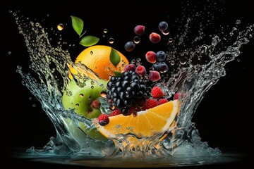 illustration, fruit splash on black background, ai generative