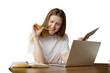 © muse studio - Student online education using a laptop, transparent background, isolated person.