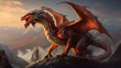 Realistic illustration of a fierce dragon perched on a mountain peak. Generative AI