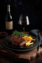Grilled Steak Glorious Fine, Full Composition With Fired Chips And Wine. Generative AI