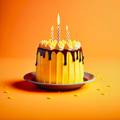 Birthday cake with lit candles on the table, on a yellow background. generative AI