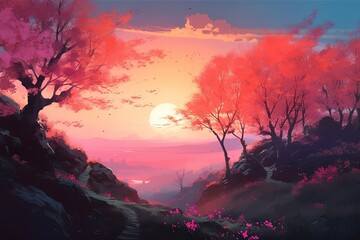 Beautiful spring landscape drawing. Sunset sky and cherry blossom trees background generative ai