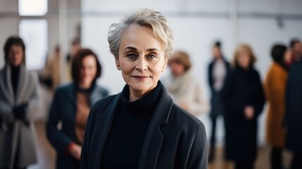 Attractive businesswoman woman posing at her work place with coworkers in the background. Generative AI	
