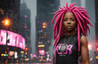 Portrait of beautiful african american with pink dreadlocks in rain in downtown. Generative AI.