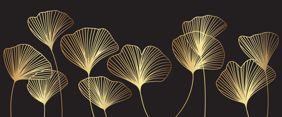 Golden linear ginkgo biloba leaves on black background. Japanese style line art with branches. Botanical vector illustration. Luxury floral pattern