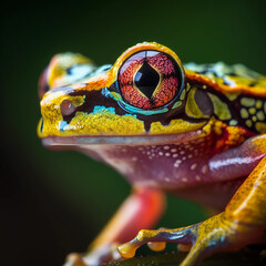 Close up macro of colourful, exotic frog eye created with generative AI technology