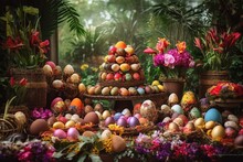 Tropic Easter Concept With Many Colored Eggs