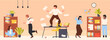 Angry boss shouting about deadline, yelling at busy employees running in panic vector illustration. Cartoon mad businessman throwing paper documents on table in office interior, characters hurry up