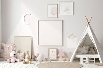 Blank picture frames on a plastered wall, a child's room decorated in Scandinavian minimalism with moon shaped balls, and dazzling garlands are all seen in this mock up. Generative AI