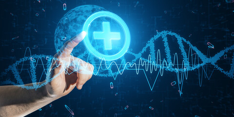 Wall Mural - Close up of male hand pointing at glowing medical hologram with globe and dna helix on blurry background. Medicine, technology and future concept.