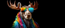 Fabulous Male Bull Moose With Multicolored Shades And Hoodie On Black Background.  Image Created With Generative Ai.  