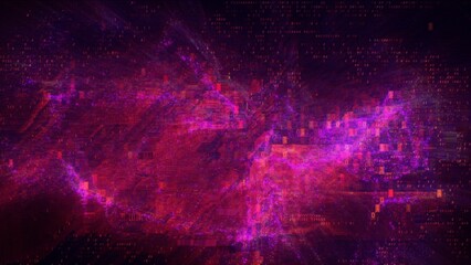 Red and purple abstract digital code. Concept 3D illustration background as artificial intelligence video gaming overlay with network cyber security hex code for landing page and banner showcase