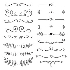 Wall Mural - text dividers doodle set. wedding decorative elements with leaves, swirls, hearts. divider ornament,