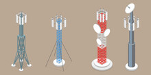 3D Isometric Flat Vector Set Of Telecom Towers, Communicating Radio Constructions
