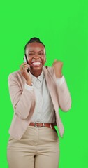 Sticker - Black woman with phone call, winner with fist pump on green screen, celebration for job promotion and excited. Cheers, achievement and yes for win, happy business female on studio background