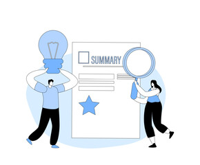 Wall Mural - Tiny Businesspeople Characters Reading Summary. Woman With Magnifying Glass And Man With Light Bulb