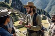Young tour guide talking with tourist in Machu Picchu. Focus on foreground. Generative AI