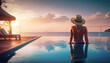 Woman taking a pleasant swim in the luxury resort hotel's infinity pool while watching the sun set. Blue sky, warm tropical water, and picturesque scenery - Generative AI