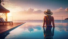 Woman Enjoying Beach Vacation Holidays, Relaxing At Infinity Swimming Pool Of Luxury Resort Hotel, Looking At Sunset. Warm Tropical Water, Blue Sky, Scenic Landscape. Generative AI
