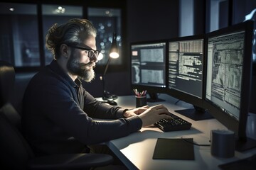 Man programming at night in the office. Computer programming and web developer concept. Generative AI