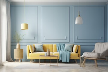 Poster - a blue living room with a yellow modern sofa. minimalist design idea style of pastel colors. Generative AI