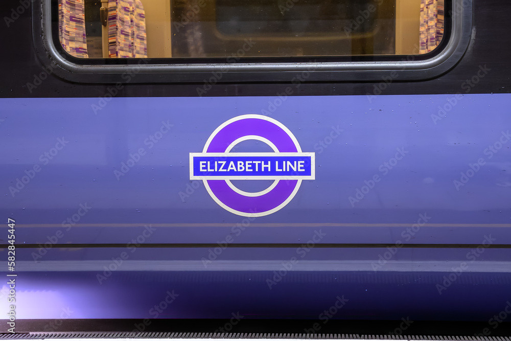 Elizabeth Line roundel sign on the side of a train