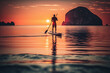 Stand up paddle boarding on quiet sea at sunset with beautiful colors during warm summer Generative AI
