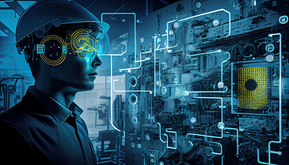 Industrial 4.0, AI generated, close up of modern factory machinery with engineer checking maitenance on tablet, ai generated