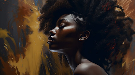 Wall Mural - Beautiful African American woman with black hair portrait with Earth tone paint in the background