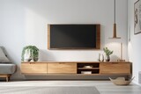 Fototapeta  - a modern living area with a white wall background and a TV cabinet,. Generative AI