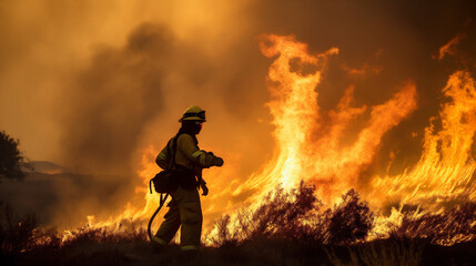 Firefighters battle a wildfire that burned a forest, charred trees and smoke.. The impact of global warming in world on changing seasons and climate, and the urgent need for action. generative ai