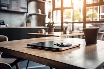 Sticker - Front view of an office workstation in a cafe with a blank tablet screen. Generative AI