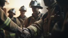Heroes United: Firefighters Celebrating With A Group Handshake, GENERATIVE AI