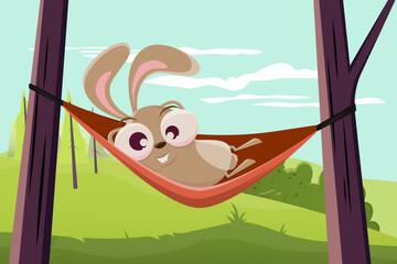 Wall Mural - funny cartoon rabbit relaxing in a hammock