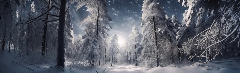 Wall Mural - A winter wonderland with snow fields and trees. Snowflakes and ice on a dreamy background.