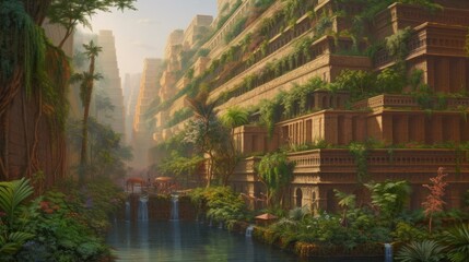 Ancient Hanging Gardens of Babylon. Plants and waterfalls in ancient temple.