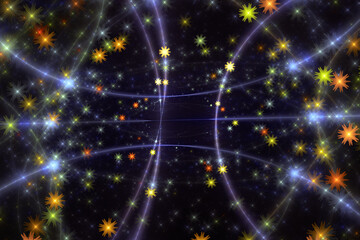 Wall Mural - multicolored glowing pattern with rays and small stars on a black background. abstract fractal 3d re