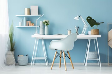 Sticker - Office desk in a modern mockup on a background of a white table. Modern office with blue wall as backdrop. Generative AI