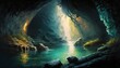 A beautiful mystical underground cavern with blue water and golden light rays. Generative AI. 