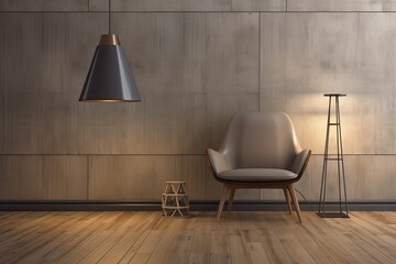 Poster - a chair and a wooden lamp in a loft living room interior wall background with a clean, empty space and dark wood flooring. Generative AI