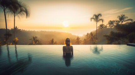 infinity pool, woman relaxing in Bali, generative ai